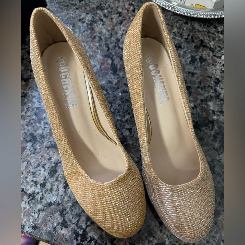 Gold kitten heel shoes